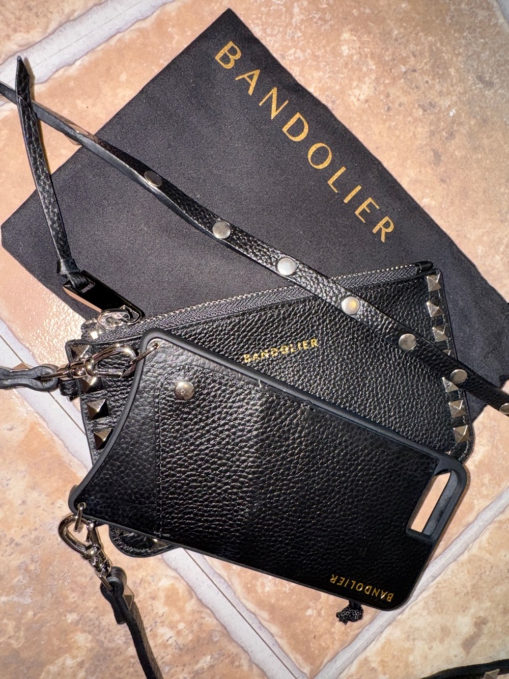BANDOLIER BUNDLE LEATHER BLACK GOLD SILVER STUDDED CASE POUCH BAG STRAP